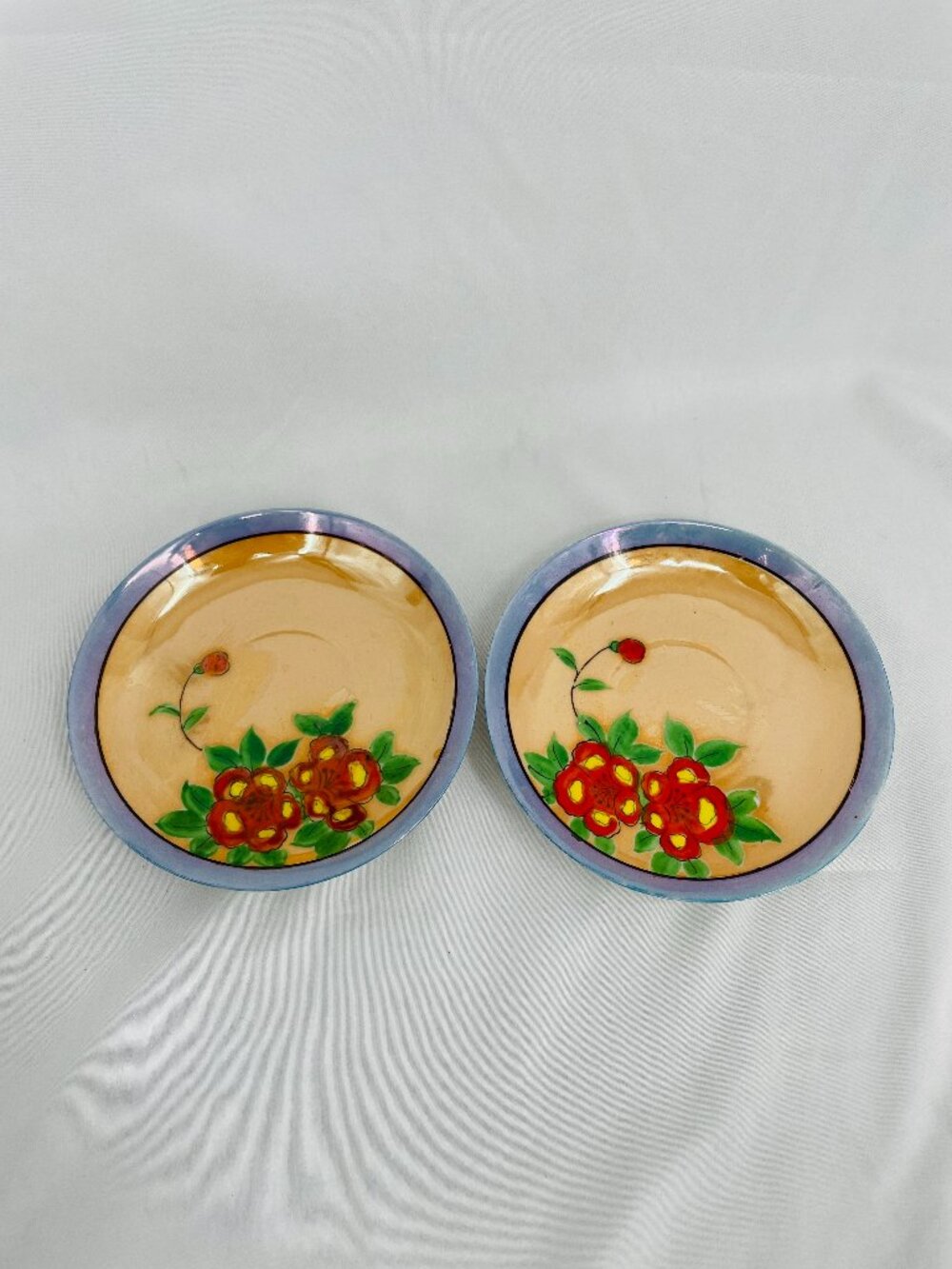 Vintage Japanese Lusterware Saucer Set Red and Yellow Flower with Blue Rim